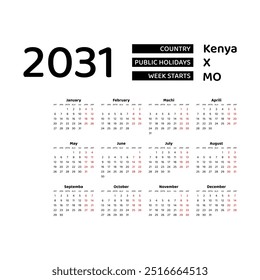 Calendário 2031 Língua suaíli com feriados do Quênia. A semana começa na segunda. Ilustração de vetor de design gráfico.