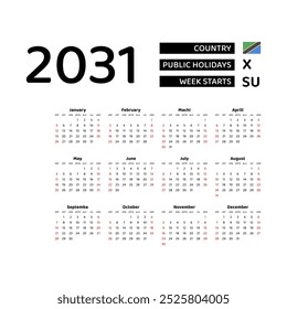 Calendário 2031 Língua suaíli com feriados da Tanzânia. A semana começa no domingo. Ilustração de vetor de design gráfico.