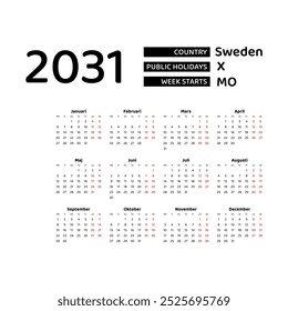 Calendário 2031 Língua sueca com feriados suecos. A semana começa na segunda. Ilustração de vetor de design gráfico.