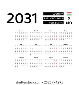 Calendar 2031 Tajik language with Tajikistan public holidays. Week starts from Monday. Graphic design vector illustration.