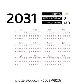 Calendar 2031 Turkish language with Cyprus public holidays. Week starts from Monday. Graphic design vector illustration.