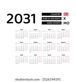 Calendar 2031 Turkish language with Turkey or Turkiye public holidays. Week starts from Monday. Graphic design vector illustration.