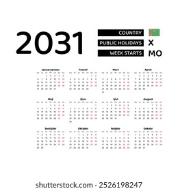 Calendar 2031 Turkmen language with Turkmenistan public holidays. Week starts from Monday. Graphic design vector illustration.