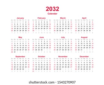 Calendar 2032 - 12 months yearly vector calendar in year 2032 - calendar template - planner calendar svg