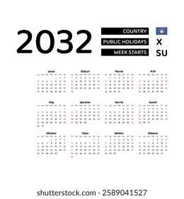 Calendar 2032 Albanian language with Kosovo public holidays. Week starts from Sunday. Graphic design vector illustration.