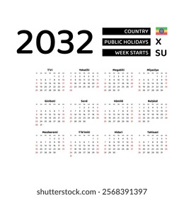 Calendar 2032 Amharic language with Ethiopia public holidays. Week starts from Monday. Graphic design vector illustration.