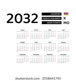 Calendar 2032 Armenian language with Armenia public holidays. Week starts from Monday. Graphic design vector illustration.