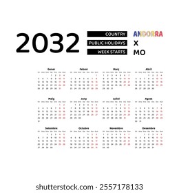 Calendar 2032 Catalan language with Andorra public holidays. Week starts from Monday. Graphic design vector illustration.