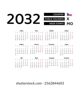 Calendar 2032 Czech language with Czech public holidays. Week starts from Monday. Graphic design vector illustration.