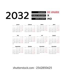 Calendar 2032 Danish language with Denmark public holidays. Week starts from Monday. Graphic design vector illustration.