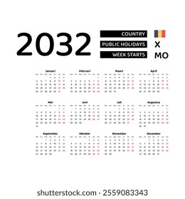 Calendar 2032 Dutch language with Belgium public holidays. Week starts from Monday. Graphic design vector illustration.