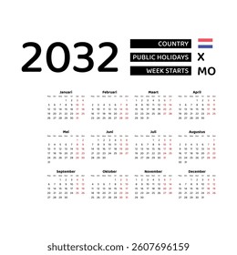 Calendar 2032 Dutch language with Netherlands public holidays. Week starts from Monday. Graphic design vector illustration.