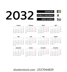 Calendar 2032 English language with Afghanistan public holidays. Week starts from Sunday. Graphic design vector illustration.