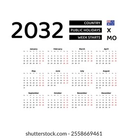 Calendar 2032 English language with Australia public holidays. Week starts from Monday. Graphic design vector illustration.