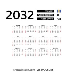 Calendar 2032 English language with Barbados public holidays. Week starts from Sunday. Graphic design vector illustration.