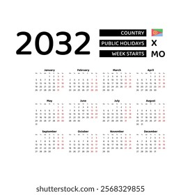 Calendar 2032 English language with Eritria public holidays. Week starts from Monday. Graphic design vector illustration.