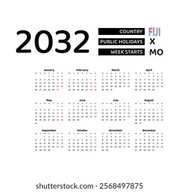 Calendar 2032 English language with Fiji public holidays. Week starts from Monday. Graphic design vector illustration.