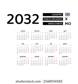 Calendar 2032 English language with Gambia public holidays. Week starts from Monday. Graphic design vector illustration.