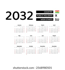 Calendar 2032 English language with Ghana public holidays. Week starts from Sunday. Graphic design vector illustration.