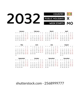 Calendar 2032 English language with Grenada public holidays. Week starts from Monday. Graphic design vector illustration.