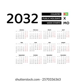 Calendar 2032 English language with Guyana public holidays. Week starts from Monday. Graphic design vector illustration.