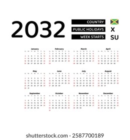 Calendar 2032 English language with Jamaica public holidays. Week starts from Sunday. Graphic design vector illustration.