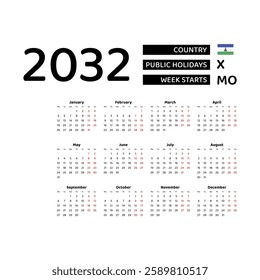 Calendar 2032 English language with Lesotho public holidays. Week starts from Monday. Graphic design vector illustration.