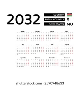 Calendar 2032 English language with Malawi public holidays. Week starts from Monday. Graphic design vector illustration.