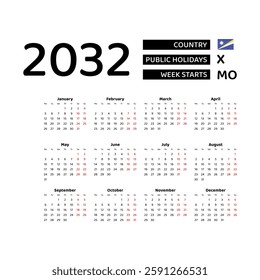 Calendar 2032 English language with Marshall Islands public holidays. Week starts from Monday. Graphic design vector illustration.