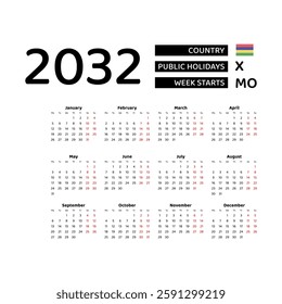 Calendar 2032 English language with Mauritius public holidays. Week starts from Monday. Graphic design vector illustration.