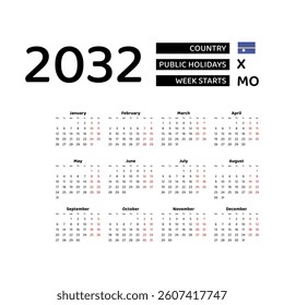 Calendar 2032 English language with Nauru public holidays. Week starts from Monday. Graphic design vector illustration.
