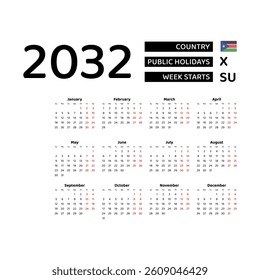Calendar 2032 English language with South Sudan public holidays. Week starts from Sunday. Graphic design vector illustration.