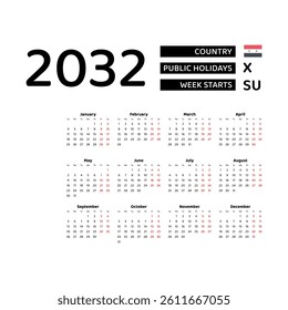 Calendar 2032 English language with Syria public holidays. Week starts from Sunday. Graphic design vector illustration.