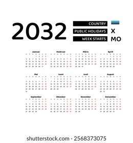 Calendar 2032 Estonian language with Estonia public holidays. Week starts from Monday. Graphic design vector illustration.