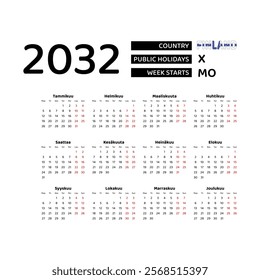 Calendar 2032 Finnish language with Finland public holidays. Week starts from Monday. Graphic design vector illustration.