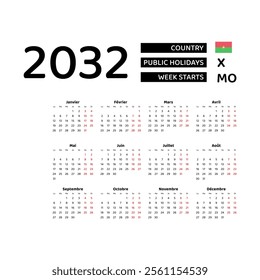 Calendar 2032 French language with Burkina Faso public holidays. Week starts from Monday. Graphic design vector illustration.