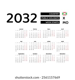 Calendar 2032 French language with Burundi public holidays. Week starts from Monday. Graphic design vector illustration.