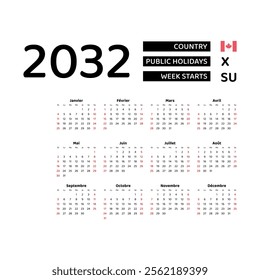 Calendar 2032 French language with Canada public holidays. Week starts from Sunday. Graphic design vector illustration.