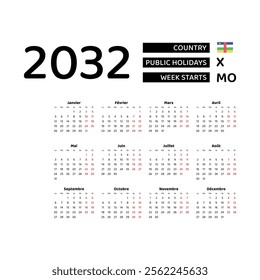 Calendar 2032 French language with Central African Republic public holidays. Week starts from Monday. Graphic design vector illustration.