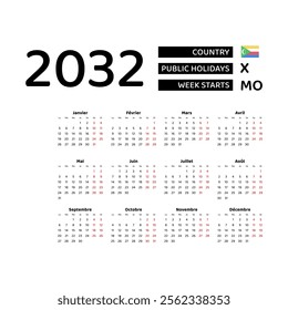 Calendar 2032 French language with Comoros public holidays. Week starts from Monday. Graphic design vector illustration.