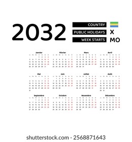 Calendar 2032 French language with Gabon public holidays. Week starts from Monday. Graphic design vector illustration.