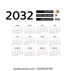 Calendar 2032 French language with Guinea public holidays. Week starts from Monday. Graphic design vector illustration.