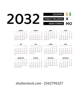 Calendar 2032 French language with Ivory Coast public holidays. Week starts from Monday. Graphic design vector illustration.