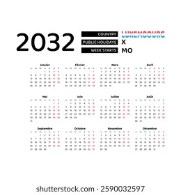 Calendar 2032 French language with Luxembourg public holidays. Week starts from Monday. Graphic design vector illustration.