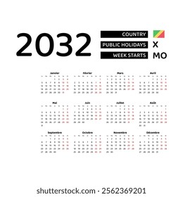 Calendar 2032 French language with Republic of the Congo public holidays. Week starts from Monday. Graphic design vector illustration.