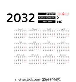 Calendar 2032 Georgian language with Georgia public holidays. Week starts from Monday. Graphic design vector illustration.