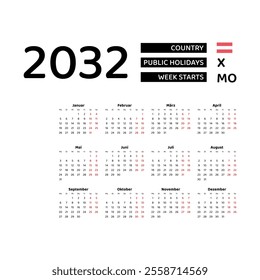 Calendar 2032 German language with Austria public holidays. Week starts from Monday. Graphic design vector illustration.