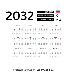 Calendar 2032 German language with Liechtenstein public holidays. Week starts from Monday. Graphic design vector illustration.