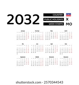 Calendar 2032 Haitian Creole language with Haiti public holidays. Week starts from Monday. Graphic design vector illustration.