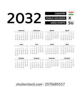 Calendar 2032 Hindi language with India public holidays. Week starts from Sunday. Graphic design vector illustration.